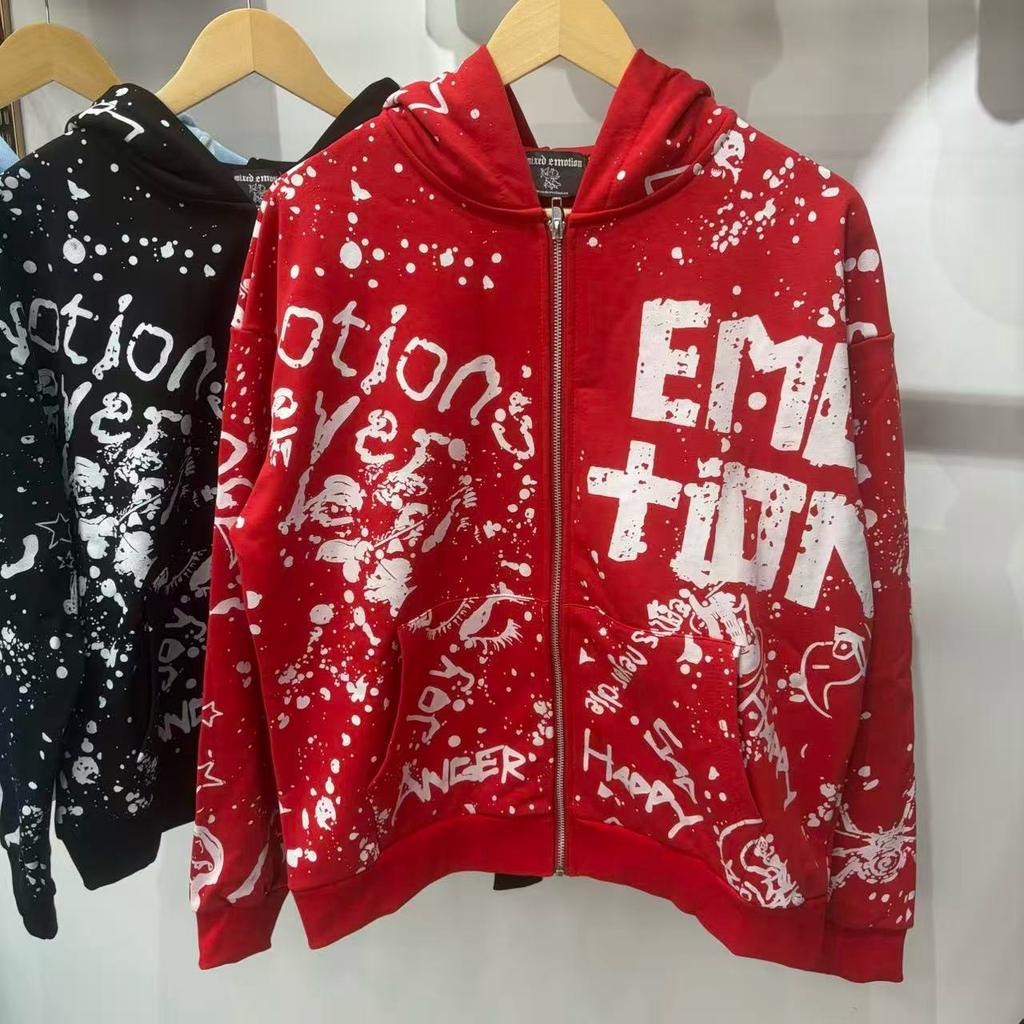 MIXED EMOTION American street style full-print letter-printed hoodie sweatshirt, loose zip-up cardigan, trendy style