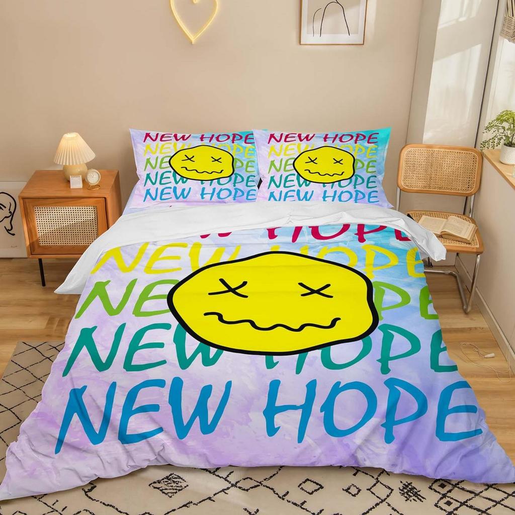 Smiling Face Graffiti Bedding Set Themed Colorful Print Microfiber Student Dormitory Bed Sheet Duvet Cover Kid Gift Home Textile