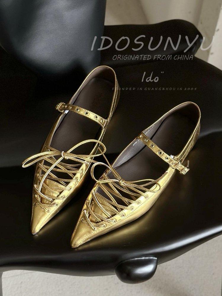 

2025 spring and summer new cross-strap bow pointed head thin heel medium heel bag head sandals high heel single shoes low heel women 40 золотий