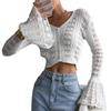 A Design-sense Hollowed-out Spicy Girl Knitted Cardigan In Solid Color, Long-sleeved V-neck, Short Flared Sleeve Top and Blouse