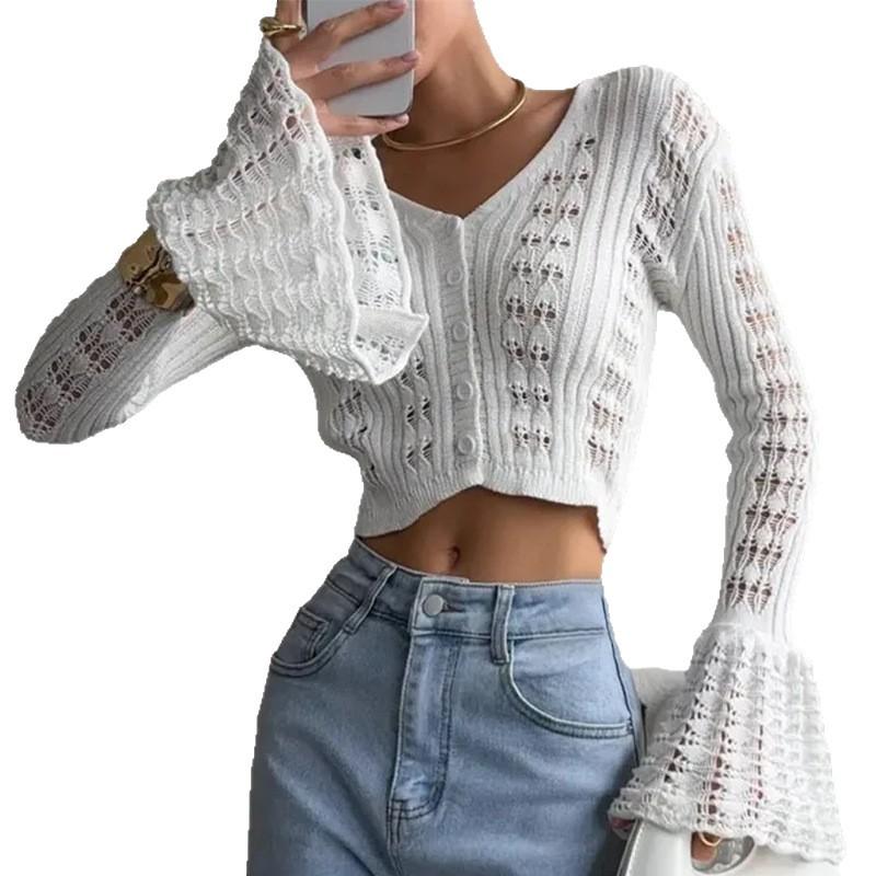 A Design-sense Hollowed-out Spicy Girl Knitted Cardigan In Solid Color, Long-sleeved V-neck, Short Flared Sleeve Top and Blouse