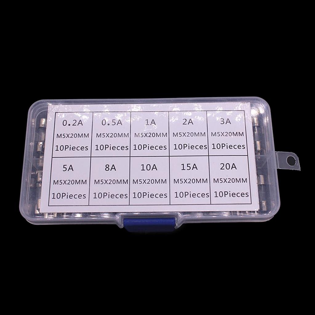 Verbesserte 5x20mm Glas-Sicherungen enthalten 0,2A-20A 10 Größen Glasrohr-Sicherungen Schnelle Glas-Sicherungen 100 Stück/Satz für verschiedene Geräte