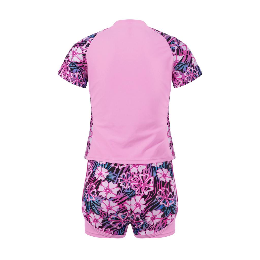 Front Zipper Closure Short Sleeves Stand Collar Tops + Elastic Waistband Shorts Floral Print Quickly Dry Swimwear 2Pcs Sets