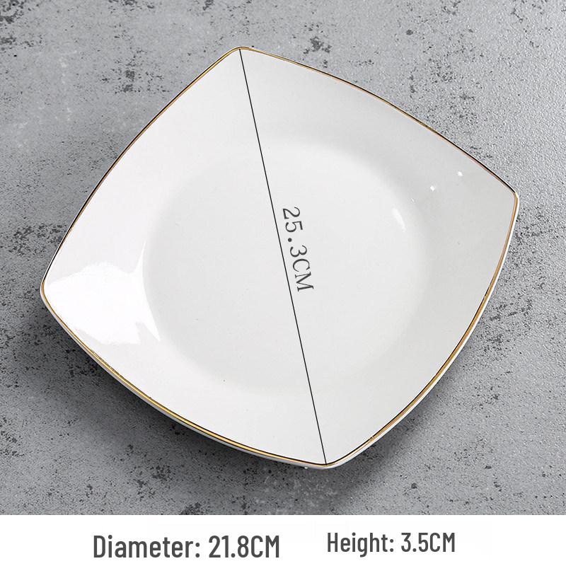 Gold-Rimmed White Ceramic Square Plate for Home: Dinner, Steak, Pasta, Dessert, Flat, or Shallow Use