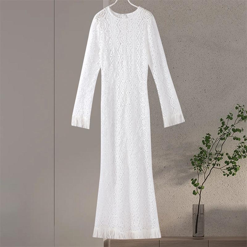 Sexy Tassel Hallow Out Midi Dress Women Solid Long Sleeve O-neck Holiday Slim Dresses Female 2024 Summer Fashion Crochet Robe