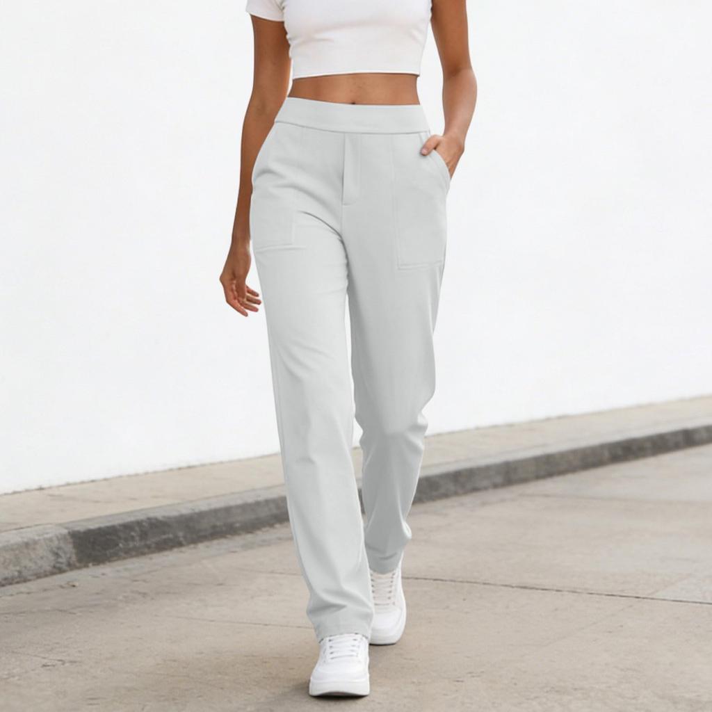 Women's Fashionable Color High Waisted Elastic Straight Leg Casual Pants With Pockets, Yoga And Fitness Pants