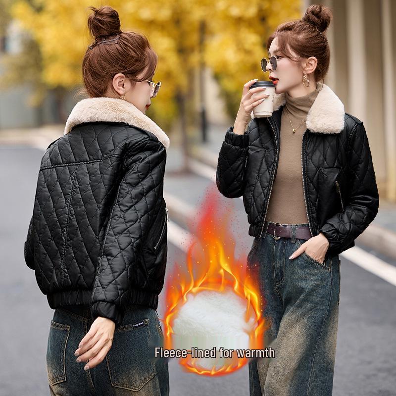 Women's Winter Korean Style PU Leather Coat with Fleece Lining and Fur Collar