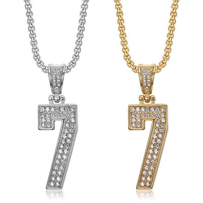 Stainless Steel Lucky Number 7 Pendant Necklace for Man Women Birthday Gift Gold Plated Full Zircon Jewelry Accessories