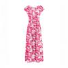 Women Vintage Floral Print V Neck Waist Cinched Short Sleeve Maxi Dress Casual Summer Long Dress for Daily Wear