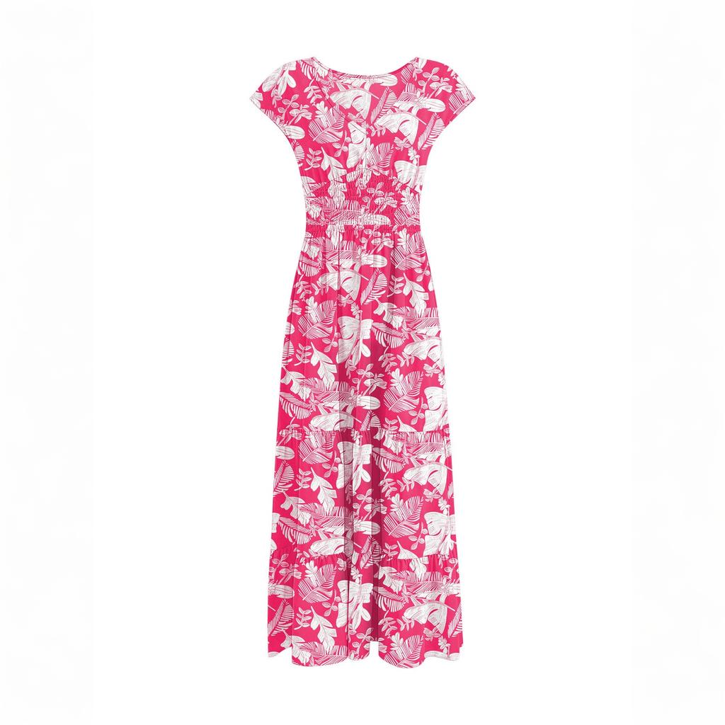 Women Vintage Floral Print V Neck Waist Cinched Short Sleeve Maxi Dress Casual Summer Long Dress for Daily Wear