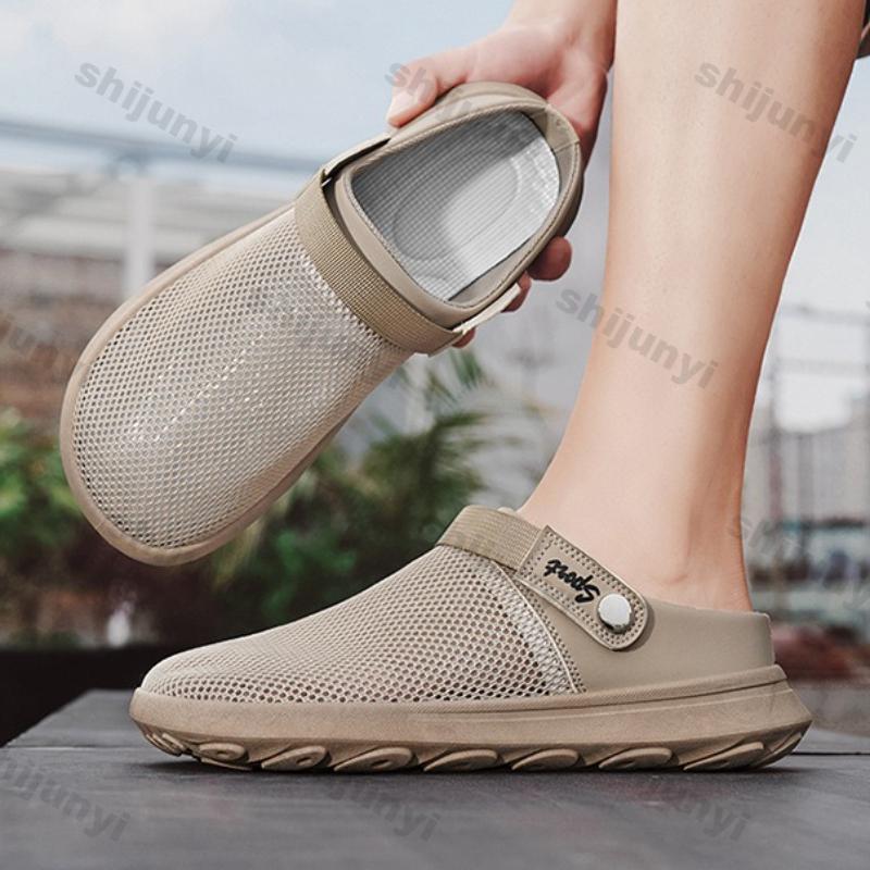 Fashion Men's Half Slippers 2025 Summer New Breathable Mesh Hollow Fashion Sandals Lightweight Comfortable Non Slip Outdoor Casual Flats