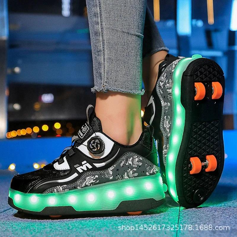 Children's LED Light Walking Shoes Double Row Four-Wheel Roller Skates Ice Skate Shoes Unisex Kids' Wheeling Footwear