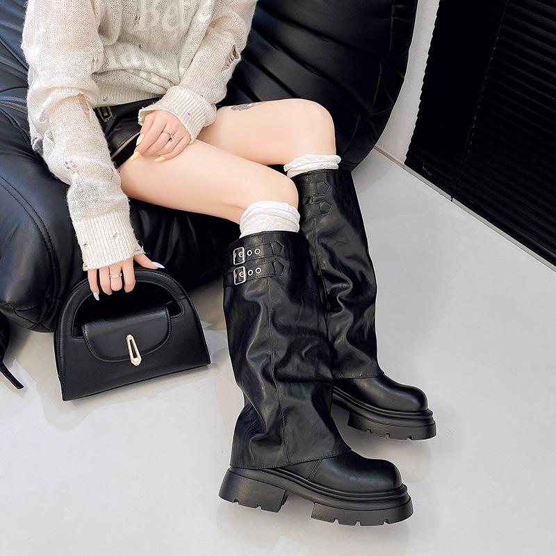 Niche trouser tube boots heightened thick-soled women's boots black tall locomotive boots big tube circumference western boots cowboy locomotive boots