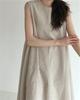Korean Sleeveless Loose Fit Cotton Linen Dress with Wide Hem