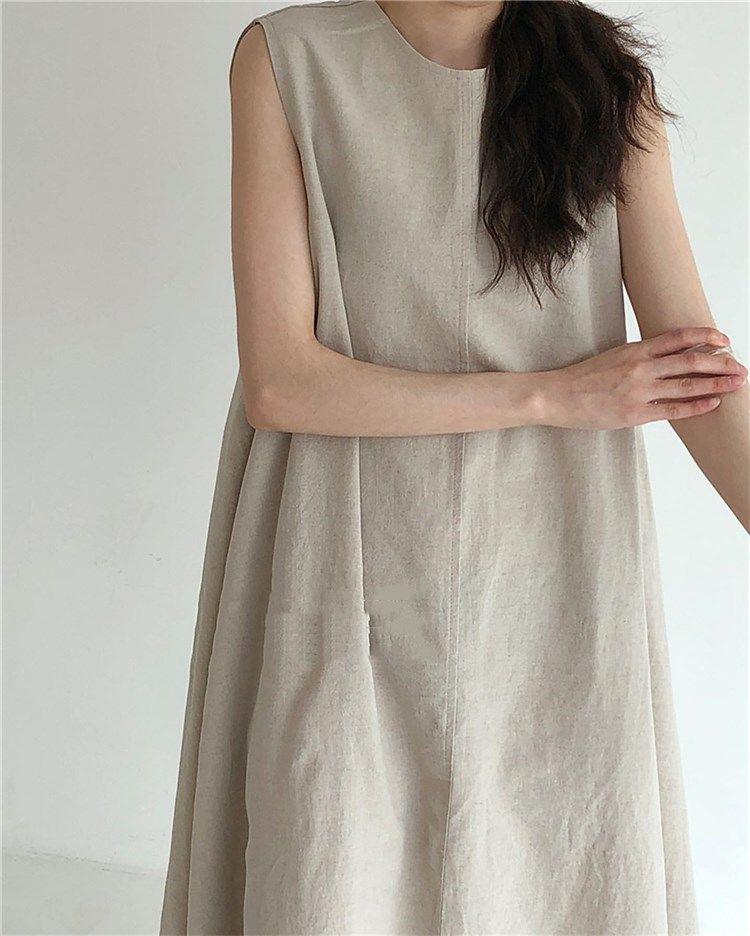 Korean Sleeveless Loose Fit Cotton Linen Dress with Wide Hem