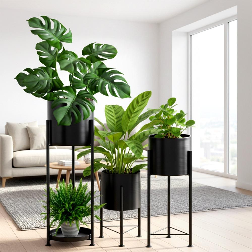3x Blumentopf Pflanzgefäß Metall Schwarz Übertopf auf Ständer Beinen Pflanzen