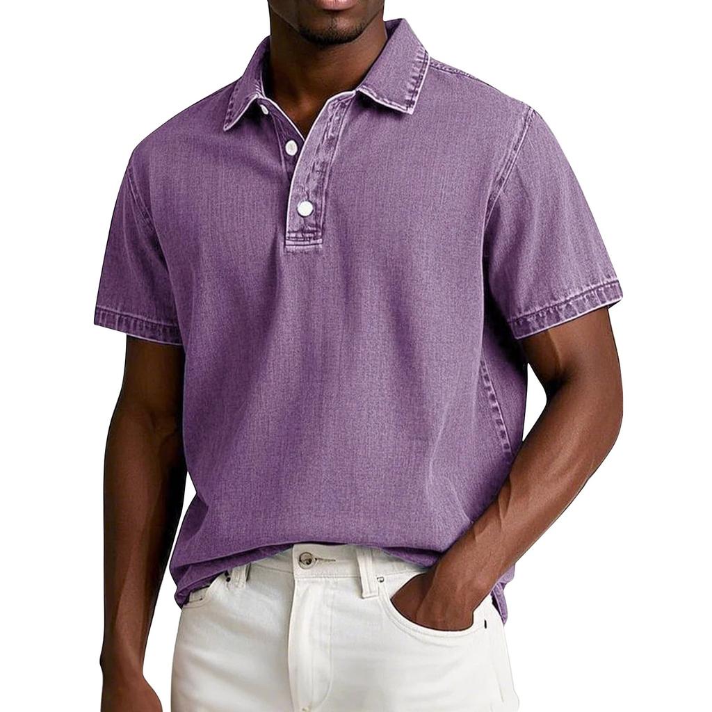 Men's Summer Solid Color Vintage Button Lapel Short Sleeve Shirt Tops