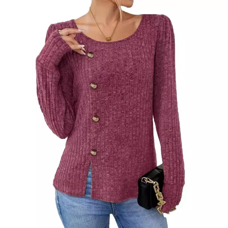Autumn Winter Solid Color Round Neck Button Long Sleeved Loose T-shirt Top for Women Shirt