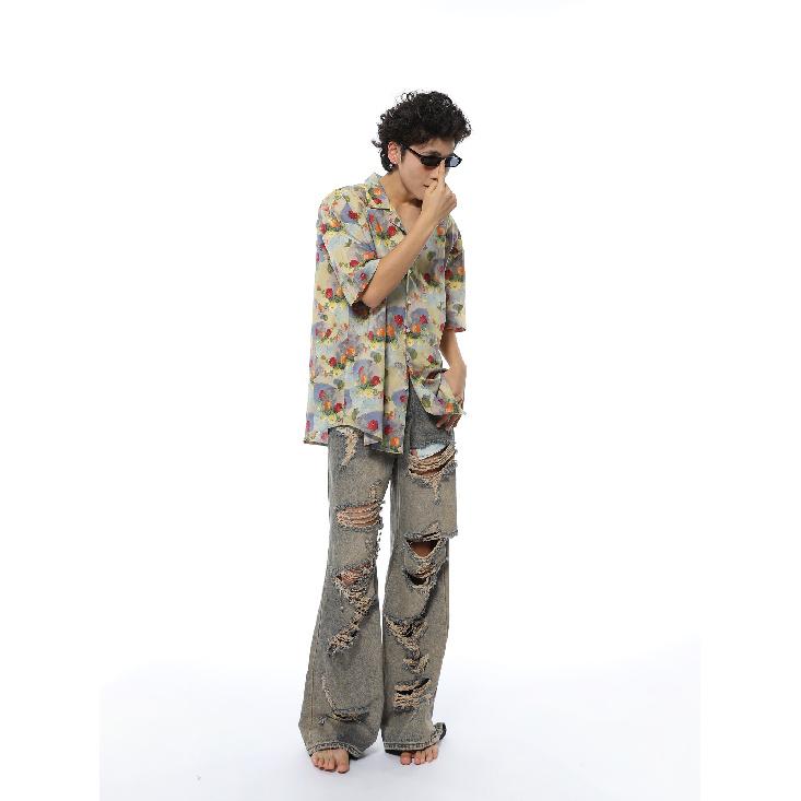 Summer Hong Kong Style Bandage Dress Shirt American Retro Oil Painting Flower Shirt Women's Short Sleeve Loose Casual Outdoor Shirt Fashion