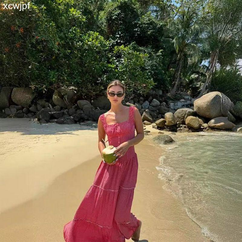 Summer 2024 Beach Dress French Square Collar Retro Vacation Style Plaid Sling Drawstring Ruffle Waist-Tight Slim Looking Dress