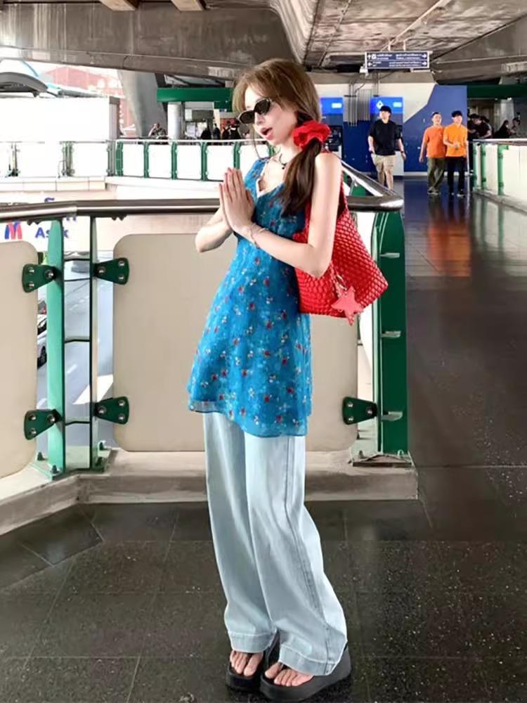 Small French Blue Floral Dress Children's Summer New Temperament Beautiful Seaside Holiday Skirt
