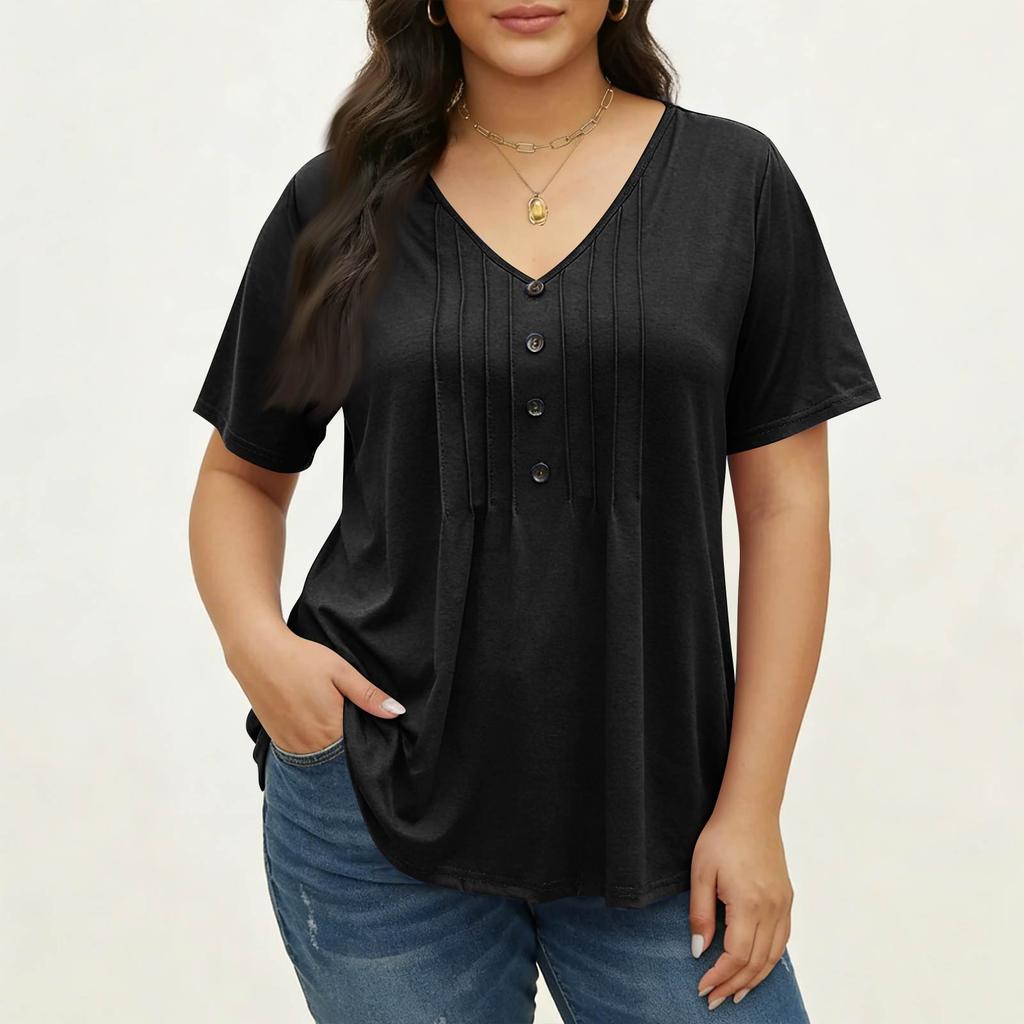 Women's Plus Size Fashionable Casual Loose-Fit V-Neck Button-Down Short-Sleeve Top
