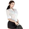 Summer new simple style white lapel mid-sleeved shirt women's design sense slim waist Spice Girl top