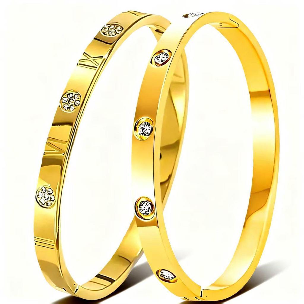 Simple Fashion Roman Numeral Titanium Steel Bracelet with Diamond Inlay for Women - Double Layer Buckle, Colorfast Jewelry.