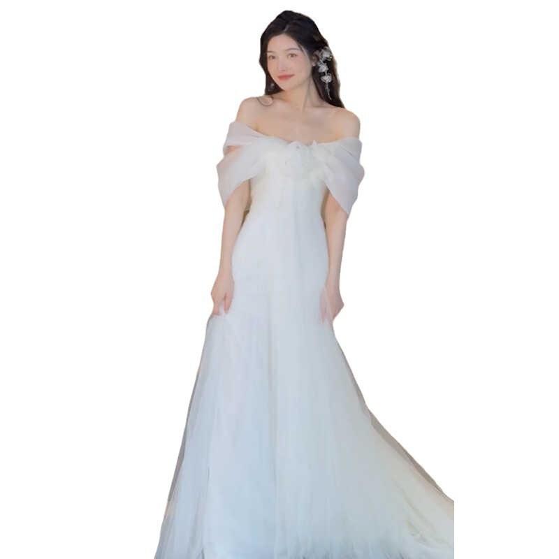 One-word Shoulder Light Wedding Dress Korean Super Fairy Mori Bride Morning Robe Evening Dress Going Out Yarn Light Luxury Small Trailing Dress Skirt