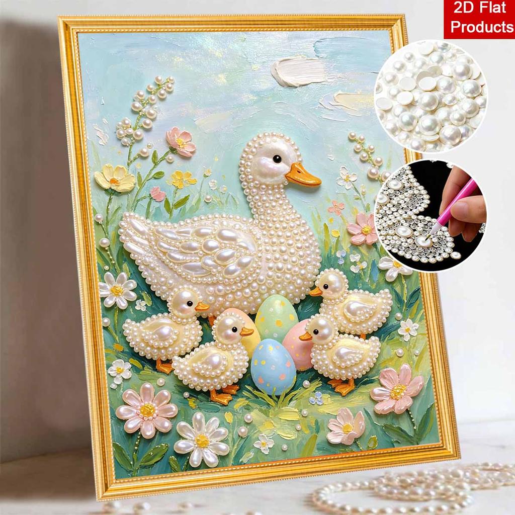 DIY Frameless Pearl Painting Kit Duck Family Eggs 3D Shiny Bead Art Canvas Relaxing Creative Craft for Home Wall Decor Gift