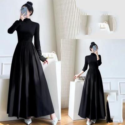 French Half-high Neck Splicing Black Dress, Skinny Senior Sense of Temperament Within The Spring Long Skirt