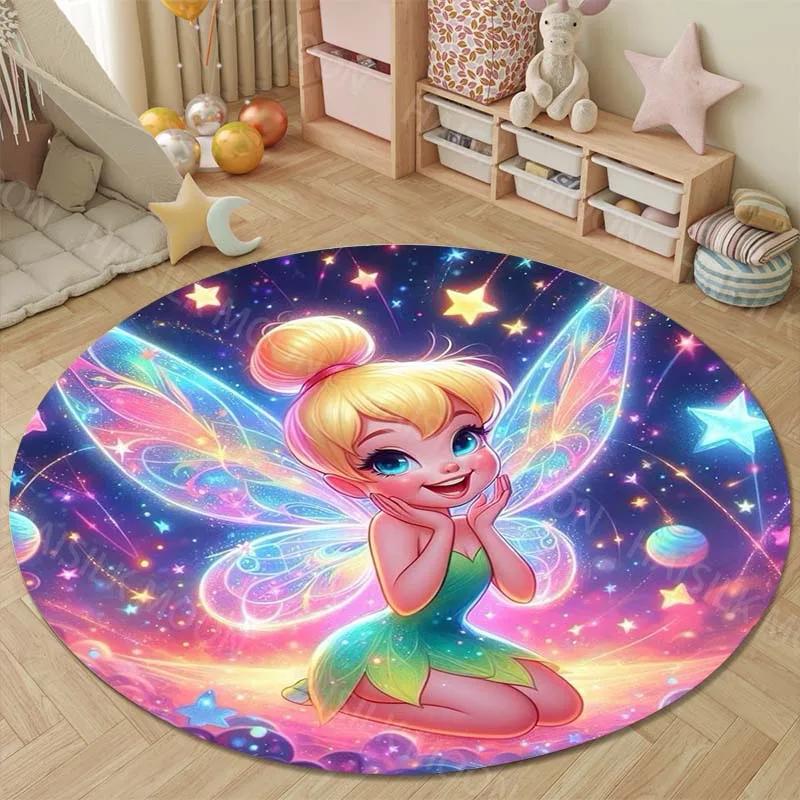 Various Styles and Sizes Tinker Bell Printed Cartoon Round Carpet for Kids Living Room Rug Picnic Mat Flannel Anti-Slip Rug Gift