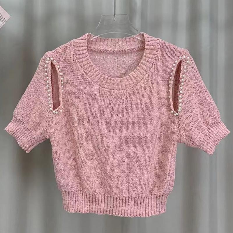Summer Design Sense Round Neck Doo Beading Thin Short-sleeved Knit Shirt Top Female Casual Summer Essential Comfort and Style Slim Fit Pullovers Tees