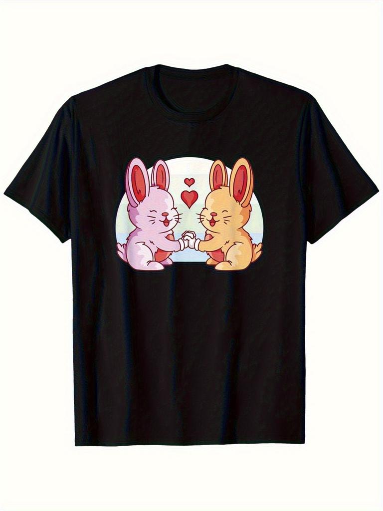 Unisexs Tshirt Featuring A Cute Rabbit with A Hearttoheart Shape Pattern A Casual Shortsleeved Roundneck Tshirt A Gift