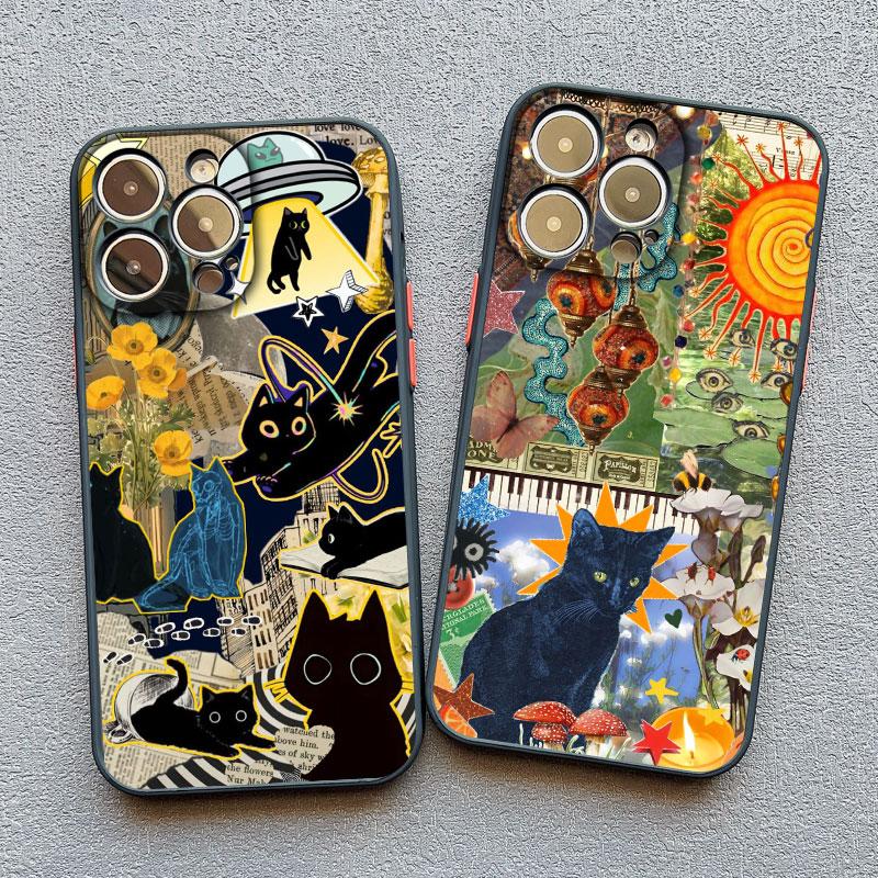 Artistic Image Stitching Black Cat Phone Case For iPhone 14 13 12 Mini 11 Pro Max 16 15 Pro Max Plus XS XR X 7 8 SE2 Back Covers