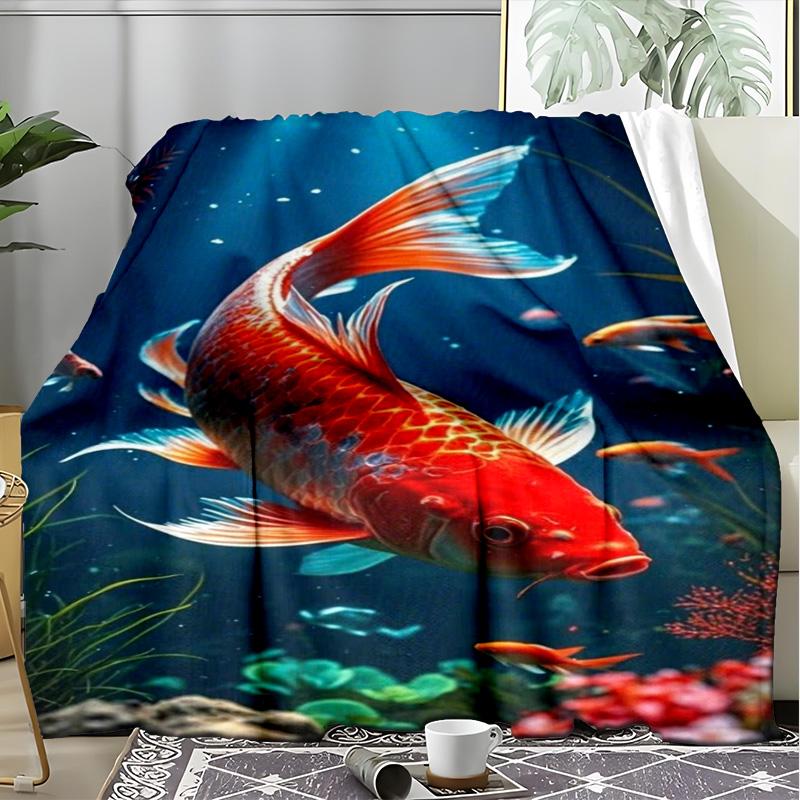 Lucky Koi Fish Water Splash Blanket, Vibrant Koi Flannel Throw Blanket for Home Decor