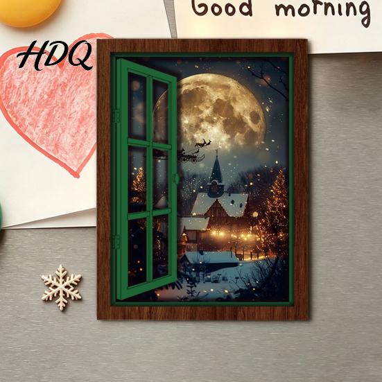Christmas Fridge Magnet 3Pcs Light-up Window Magnet Wooden Fake Refrigerator Magnets with LED Light Magnetic Decoration for Holiday Party