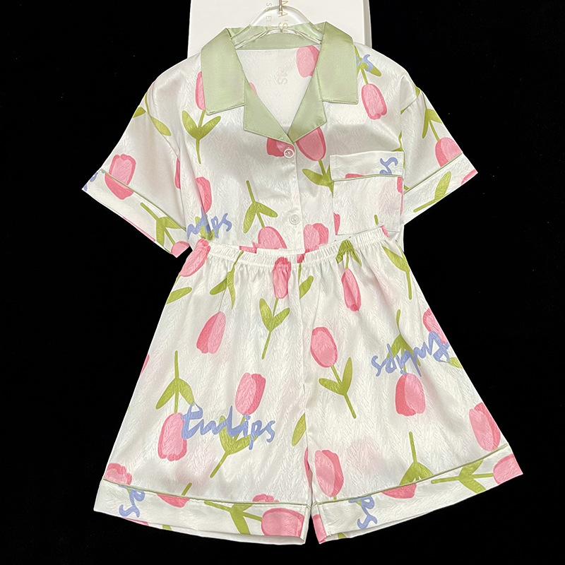 Fresh Tulip Pattern Pastoral Style Popular Women'S Summer Short-Sleeved Shorts Loungewear Two-Piece Set