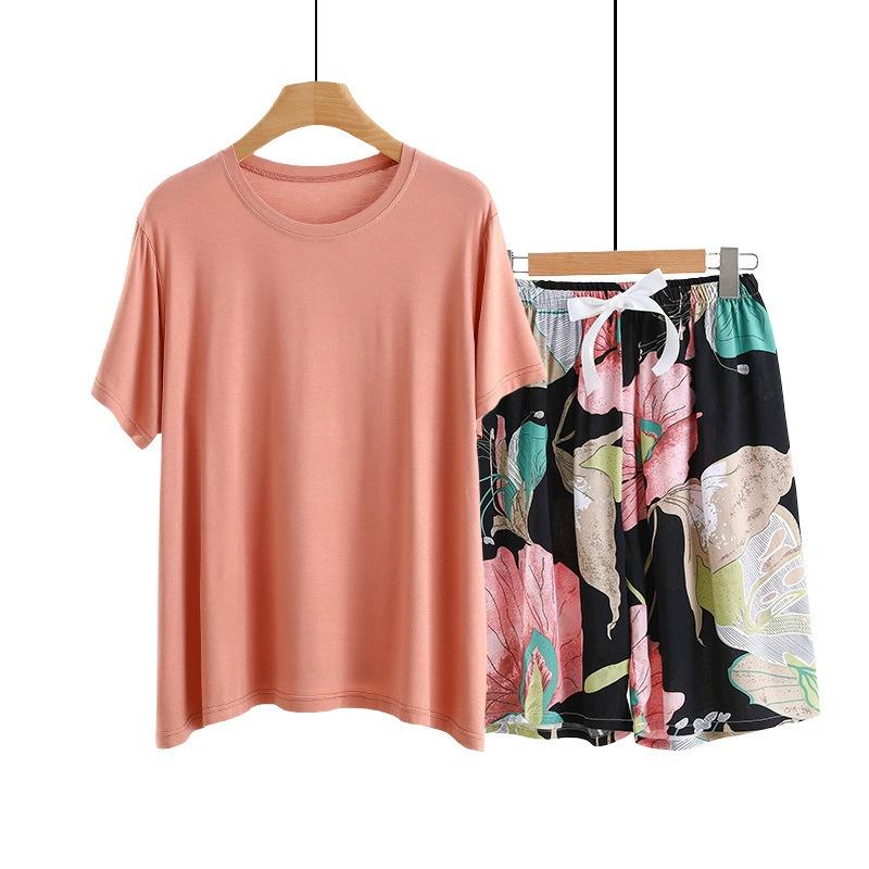 Summer Solid color Tshirts and Print shorts Simple Homewear O-Neck Loose Tshirts and Poplin short pants Casual sleepwear suits