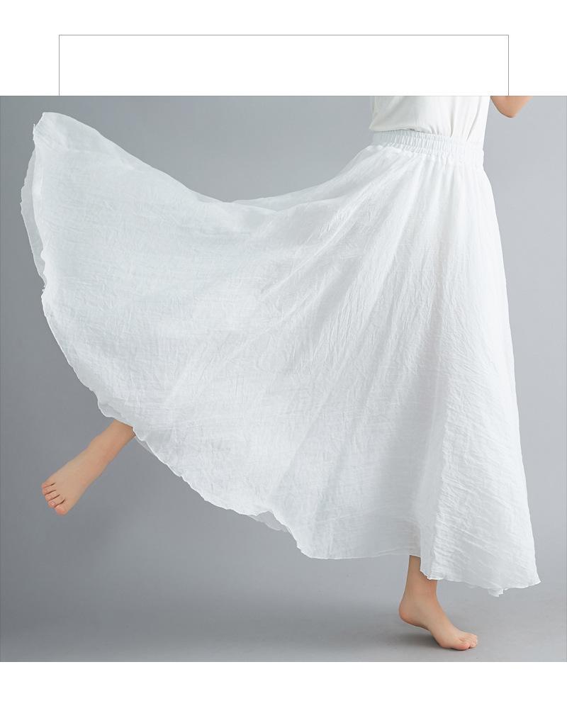 2024 Japan & Korea Loose Cotton-Linen Elastic Waist Midi Skirt – Solid Color A-line Swing Skirt