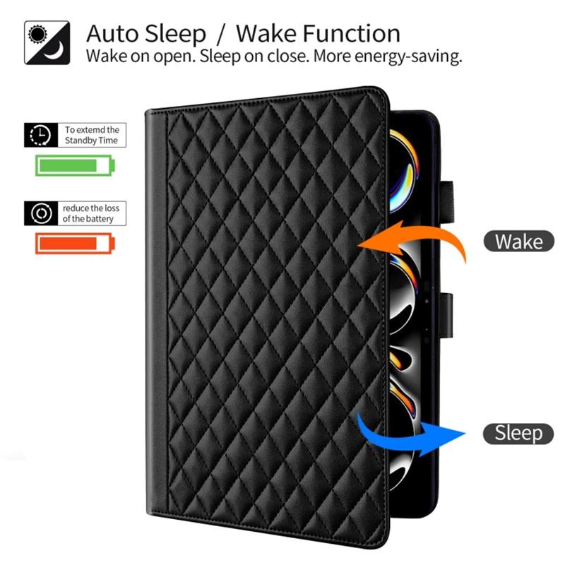 For iPad Pro 13 (2024) Case Card Holder Rhombus Grid PU Leather Stand Tablet Cover