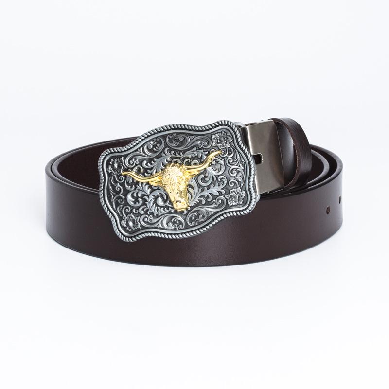 Western Bull Head Belt with Smooth Buckle - Patterned Cowhide Leather Men s Belt 95 cm