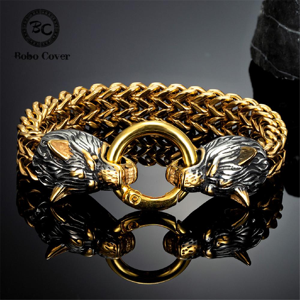 Bracciali Punk Vichinghi Norreni Testa di Lupo Catena a Rete in Acciaio Inossidabile Colore Oro Braccialetto Amuleto Nero Antico Gioielli Accessori Maschili