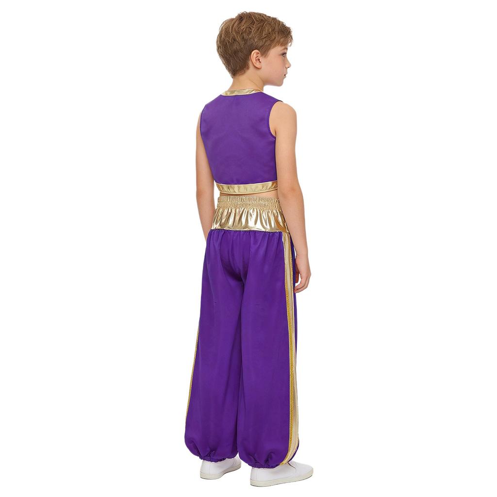 Boys Arab Prince Cosplay Costume 2Pcs: Loose Vest & Metallic Shiny Patchwork Bloomers Harem Pants Outfit for Halloween Party