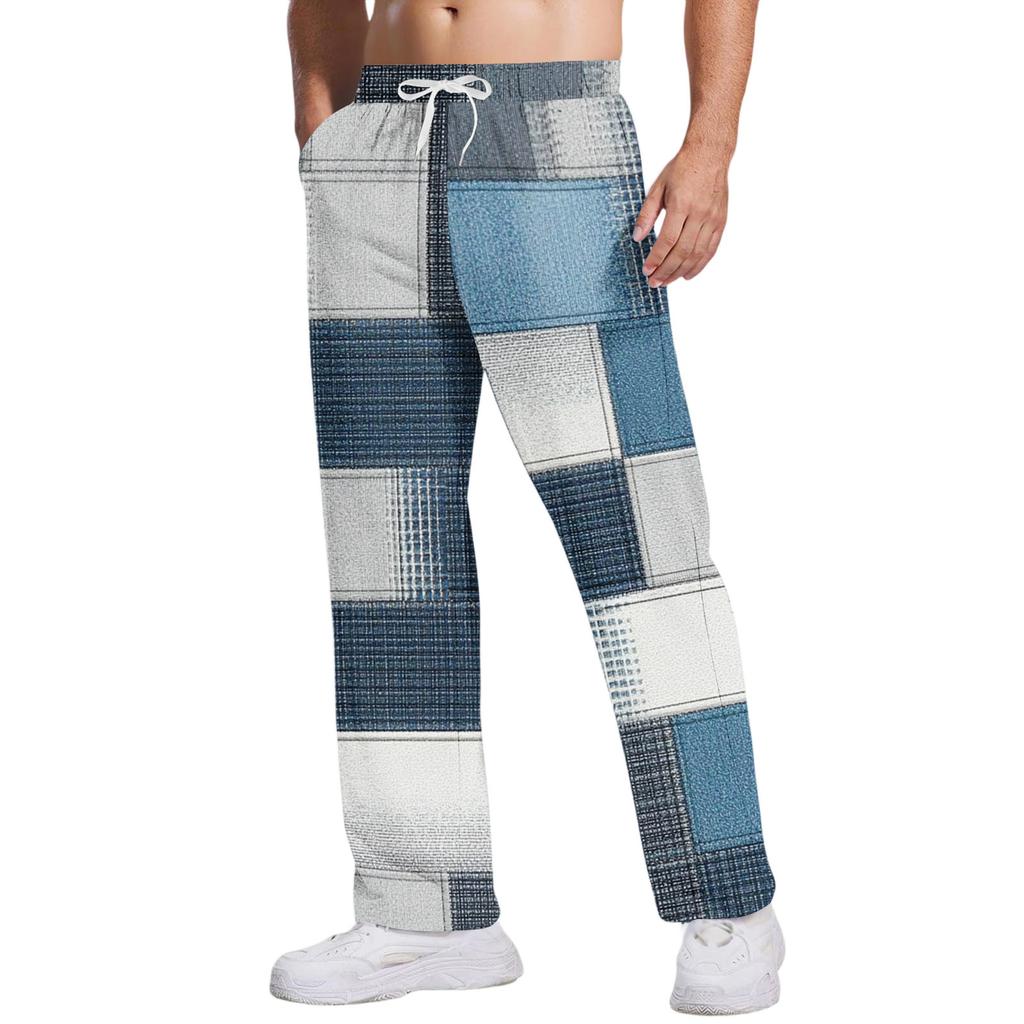 Herr Casualbyxor med fickor | Randig rutig tryckt, lös rak ben, elastisk midja med dragsko för daglig och avslappnad användning