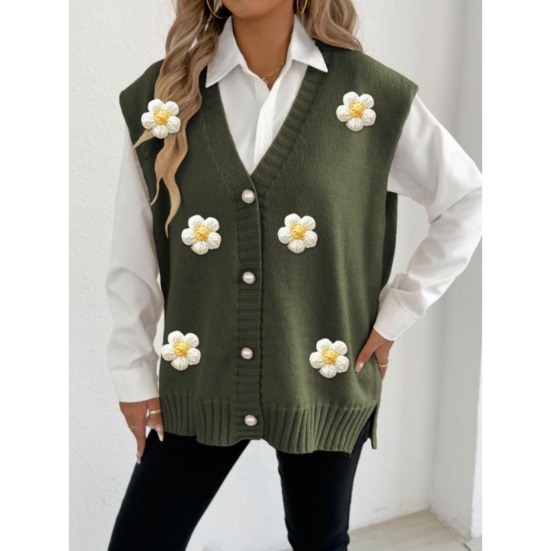 

Женский осенне-зимний кардиган на пуговицах-жемчужинах, ручной вязки, свитер-жилет в стиле пэчворк с цветочным узором OneSize армия зеленый