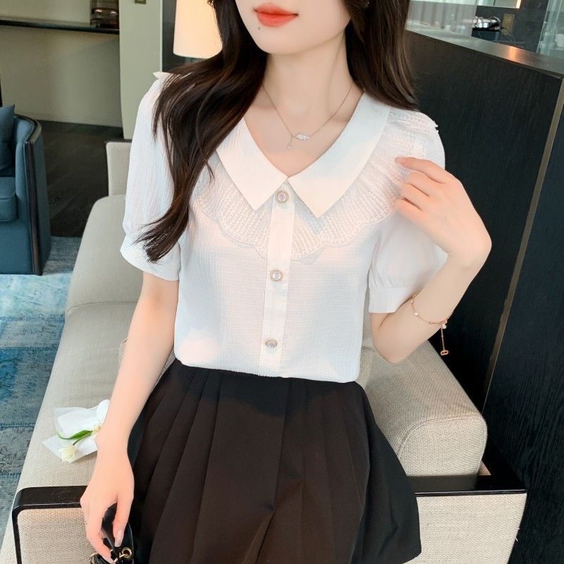 Women's Knit Blouse Peter Pan Collar with Lace Trim Puff Short Sleeves