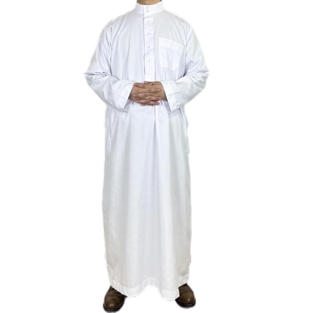 Men's Stand Collar Polyester Robe with Pocket - Arab Middle East Style, Qatar