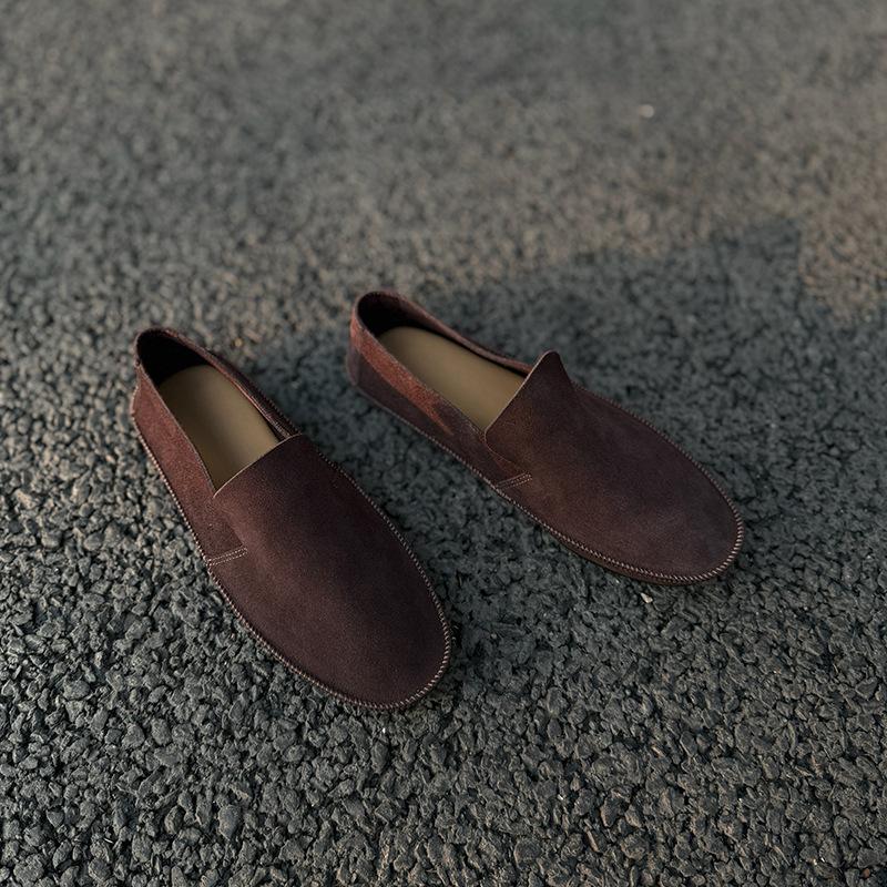 Johnature Retro Handmade Cow Suede Loafers Versatile Round Toe Soft Soled Women's Flat Slip-on Shoes