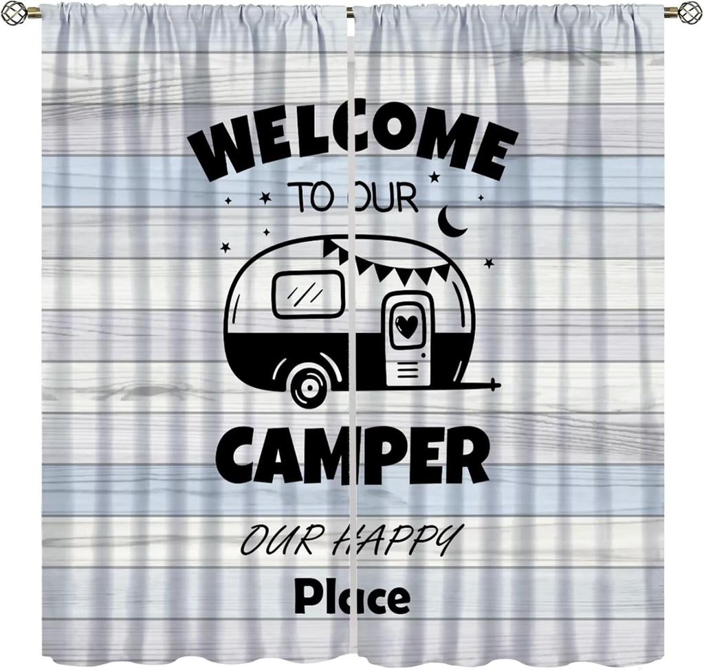 Retro Happy Camper Curta,Rustic Wood Plank Camping Travel Trailer Blackout Rod Pocket Window Curtain,For Boys Girls Living